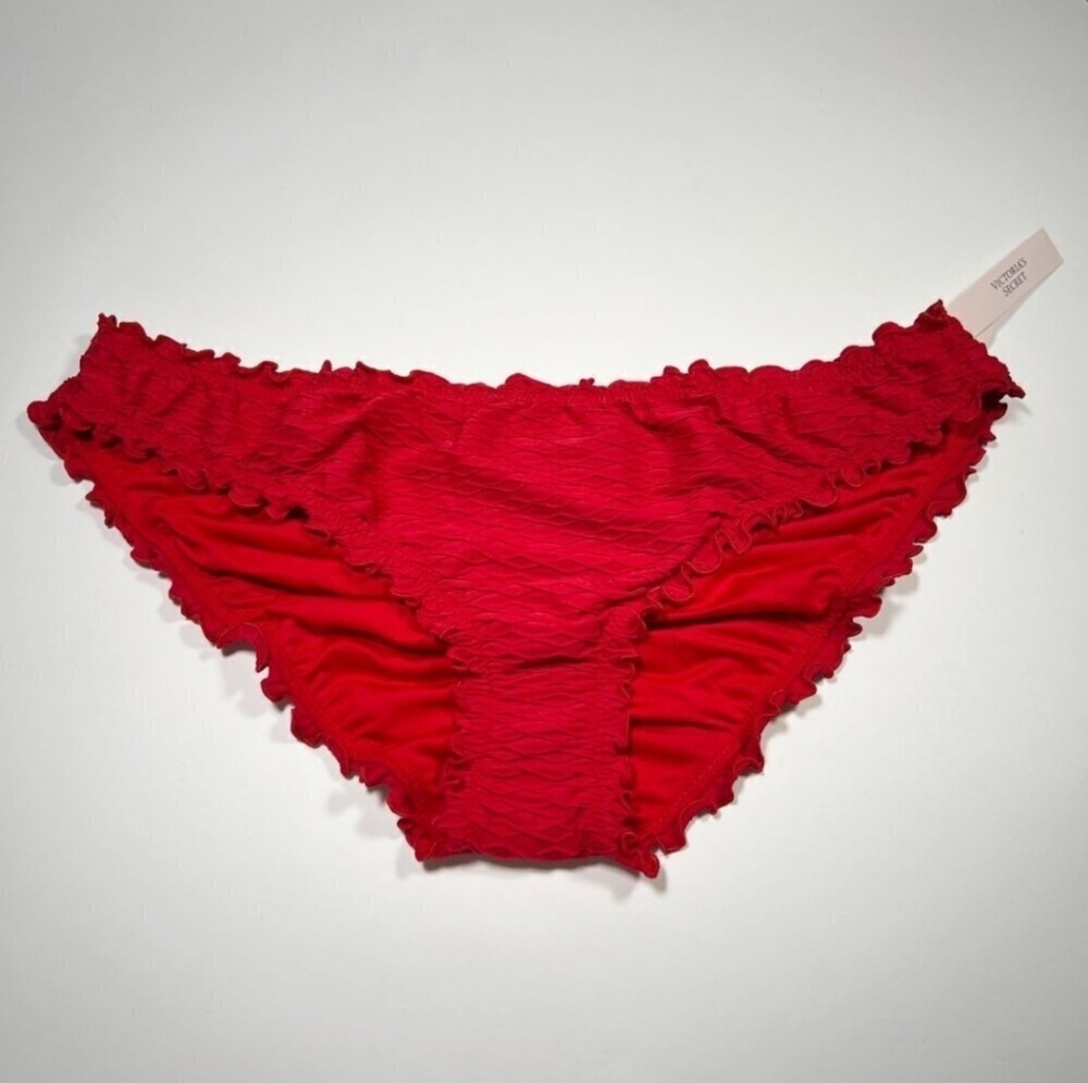 Victoria Secret XXL Bikini Bottom Ruffle Cheeky Ruched Back Fishnet Textured Red